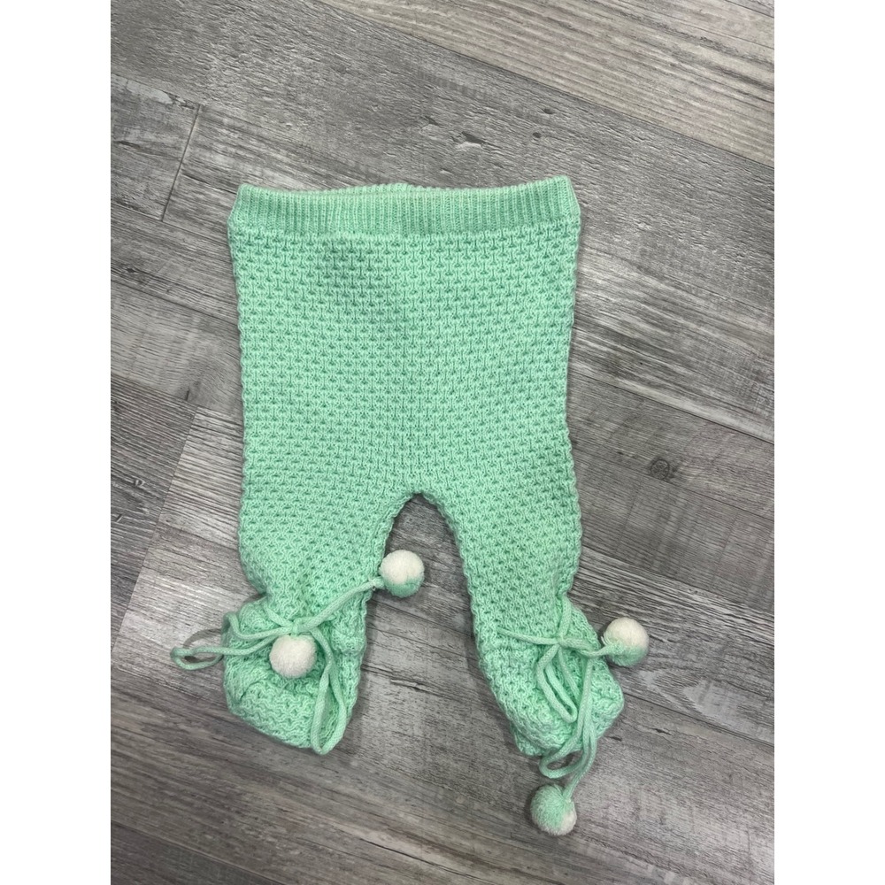 Handmade Knit Baby Leggings Mint Green Pom Pom Footed Pants Honeycomb Stitch